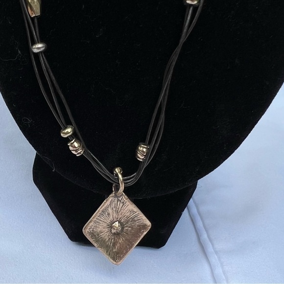 Gold/Copper Pendant on 20” 3 Layer Black Leather Corded Necklace With Beads - Picture 3 of 7